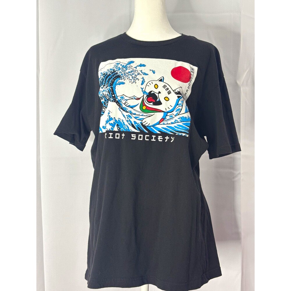 Riot Society Men’s L Black Lucky Cat Great Wave Japanese Graphic T-Shirt